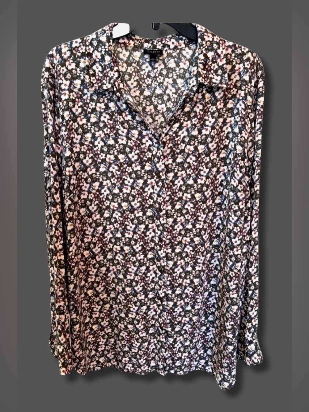 Talbots XL Ditsy Floral Button Front Blouse Roll Tab Sleeve Brown Pink